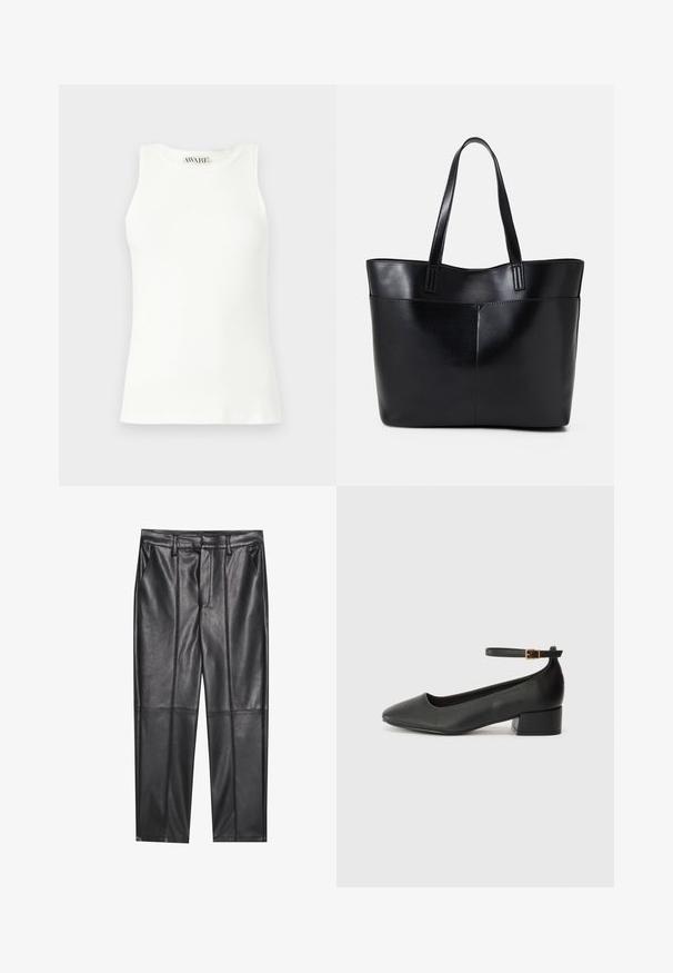 Mouwloze witte geribbelde tanktop met een ronde halslijn en een aansluitende pasvorm. Gladde textuur en subtiel merklabel bij de kraag.; Zwarte leren broeken met een gladde textuur, voorzien van een rechte pasvorm, twee voorzakken en zichtbare naaddetail.; Zwarte leren pump met een spitse neus en een lage blokhak. Beschikt over een enkelband met een goudkleurige gespsluiting. Gladde textuur.; Zwarte leren tote bag met twee lange handvatten, een zachte textuur en een gestructureerde vorm. Voorzien van een voorvak voor extra opslagruimte.