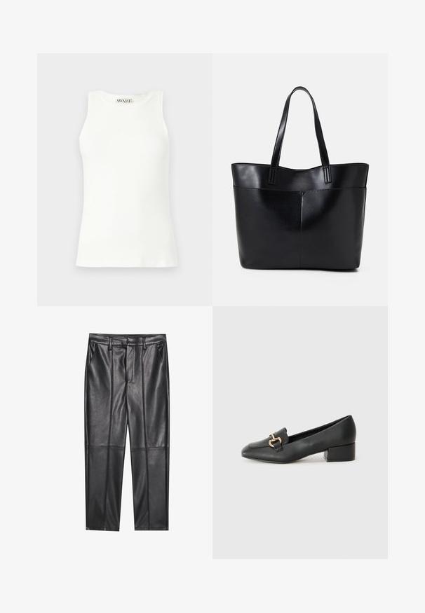 Camiseta sin mangas blanca de canalé con cuello redondeado y forma ajustada. Textura suave y sutil etiqueta de la marca en el cuello.; Pantalones de cuero negros con una textura suave, con un corte recto, dos bolsillos frontales y detalles de costura visibles.; Mocasines de cuero negro con tacón plano, que cuentan con un detalle decorativo de hardware dorado en la parte frontal y una textura suave.; Bolso tote de cuero negro con dos asas largas, textura suave y forma estructurada. Cuenta con un bolsillo frontal para almacenamiento adicional.
