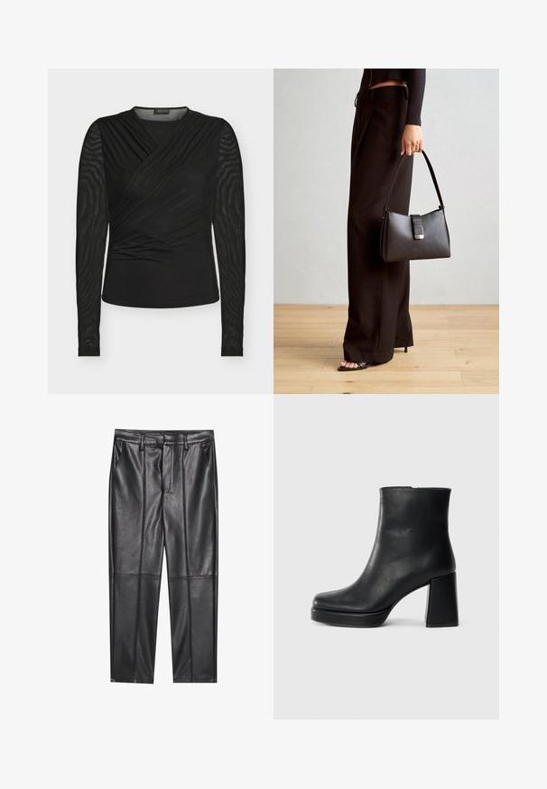 Haut noir à manches longues avec un design croisé, doté d'un corps lisse et de manches en mesh texturé, fabriqué en tissu extensible.; Pantalons en cuir noir avec une texture lisse, présentant une coupe droite, deux poches avant et des coutures visibles.; Bottine en cuir noir avec un talon bloc et une semelle plateforme, vue de côté sur un fond blanc uni.; Sac à main noir à la forme structurée, texture lisse et fermoir métallique. Associé à un pantalon noir ample et des sandales ouvertes sur un sol en bois.