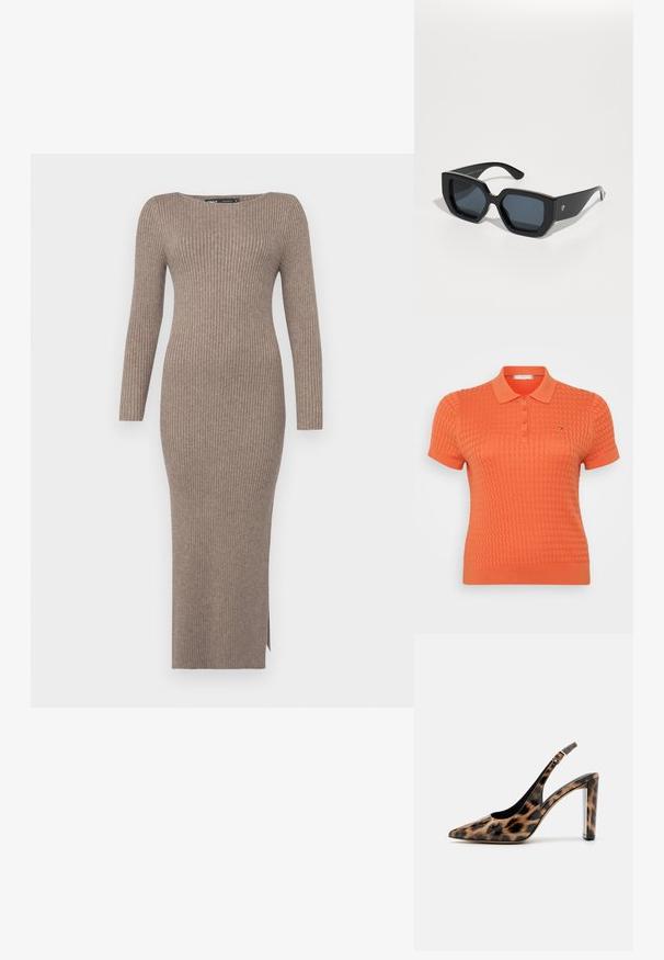 Polo a maniche corte di un brillante arancione, caratterizzato da un motivo a maglia testurizzata, una chiusura con tre bottoni e un piccolo logo sopra il petto sinistro.; Abito a maglia a coste in un colore taupe attenuato, con maniche lunghe, scollo a barca e una spacco laterale per facilitare il movimento.; Décolleté con stampa leopardata, dotato di cinturino alla caviglia e tacco a blocco trasparente. Realizzato in materiale lucido con una superficie morbida.; Occhiali da sole neri oversize con un design geometrico, lenti rettangolari e finitura lucida. Nessun marchio visibile nella parte anteriore.; Borsa a mano metallic oro con una texture liscia, dotata di una chiusura a pattina triangolare. La mano che la tiene ha unghie curate.; Orecchino a cerchio in argento con finitura lucida, caratterizzato da piccoli dettagli in oro e una forma tondeggiante, indossato sul lobo.