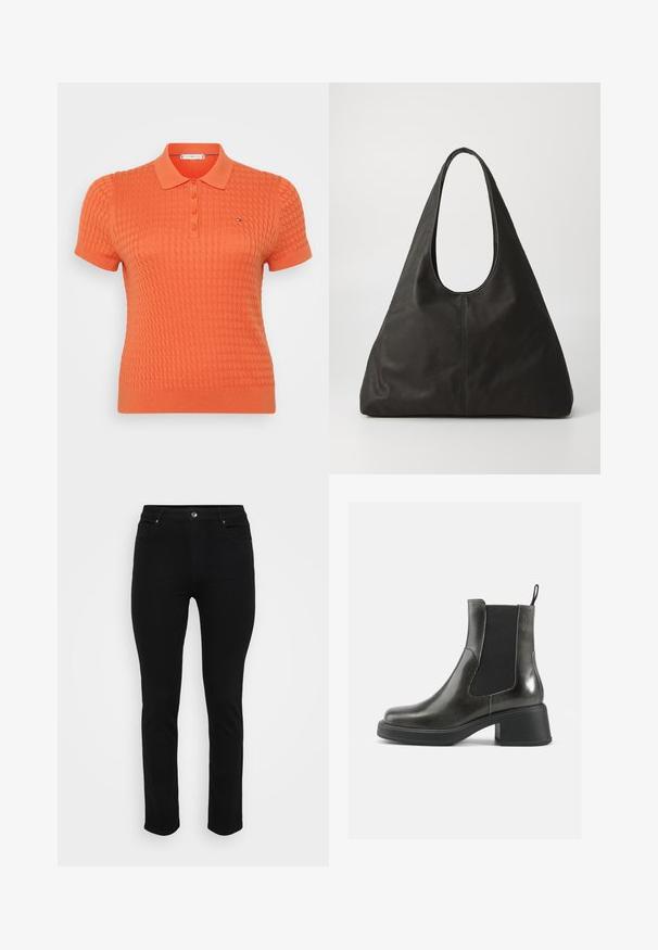 Polo de manga curta em laranja vivo, com um padrão de malha texturizado, gola de botão triplo e um pequeno logo acima do lado esquerdo do peito.; Jeans de ganga pretos com um corte slim, design de cinco bolsos, fecho frontal por botão e ligeira elasticidade para conforto. Textura lisa e plana com detalhes mínimos.; Botas de tornozelo em couro negro com um acabamento liso, painéis laterais elásticos e um salto robusto. Apresentam uma alça na parte de trás para facilitar o calçar.; Saco de tote em couro preto com uma alça curva, forma triangular alongada e textura suave. Apresenta um design minimalista sem hardware visível.