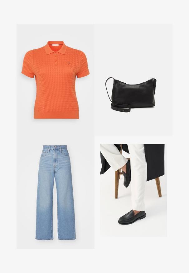 Kortärmad pikétröja i stark orange, med ett texturerat stickat mönster, tre-knappsknäppning och en liten logotyp ovanför vänster bröst.; Ljusblå högmidjade vida jeans med knapp- och dragkedjestängning, fram- och bakfickor, mot en vit bakgrund.; Svarta läderloafers med en slät yta och en bred remdetail, som bärs med vita skräddarsydda byxor. Klacken har en platt design.; Svart läder axelväska med en slät yta, rundad form, justerbar rem och dragkedjestängning. Minimalistisk design utan utsmyckningar.; Silver ring med dubbel band och en slät, polerad yta. Har en flödande, böjd design med överlappande sektioner för en modern stil.