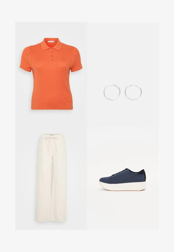 Koszulka polo z krótkim rękawem w jaskrawym pomarańczowym kolorze, z teksturowanym wzorem dzianiny, trzema guzikami oraz małym logo nad lewym rokiem.; Spodnie o szerokich nogawkach z off-white bawełny, z elastycznym pasem ze sznurkiem i kieszeniami bocznymi. Gładka tekstura, minimalistyczny wzór.; Granatowe trampki z teksturowanej tkaniny, biała platforma, okrągły nosek i czarny akcent na pięcie. Posiadają sześć oczek na sznurówki.; Srebrne kolczyki w kształcie obręczy o gładkim, okrągłym designie, charakteryzujące się gładką powierzchnią i brakiem widocznych ozdób. Średnica nieokreślona.