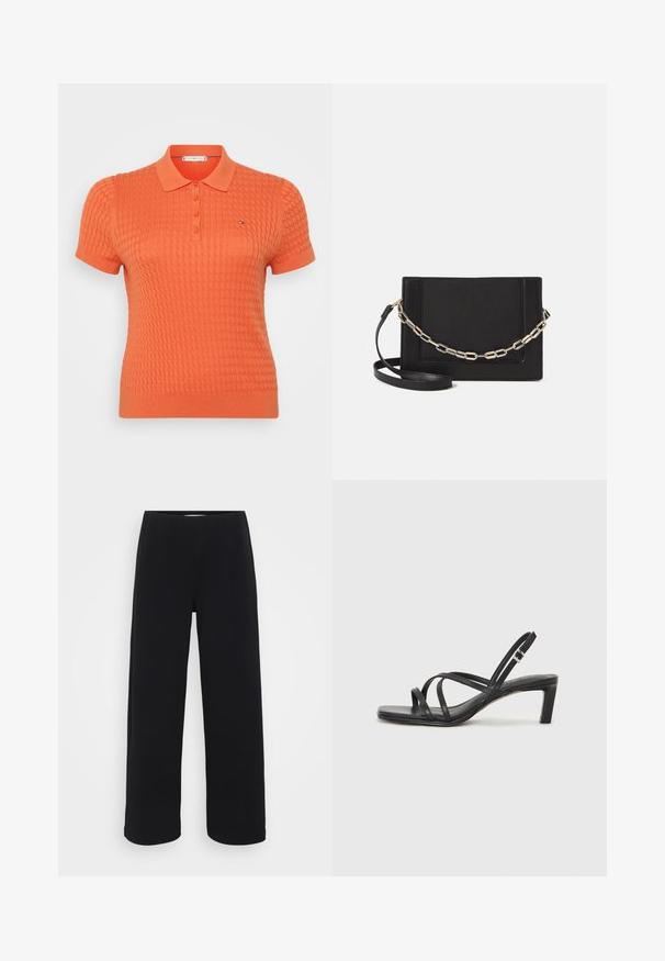 Īsām piedurknēm polo krekls spilgti oranžā krāsā, ar teksturētu adījuma rakstu, trīs pogu aizdari un mazu logotipu virs kreisās krūtis.; Melna platā kāju bikses ar elastīgu jostu. Izgatavotas no teksturēta materiāla, ar brīvu piegriezumu un taisnu griezumu no gurniem līdz apakšmalai.; Melnas strappy sandales ar kvadrātveida purngaliem un zemu bloku papēdi. Ievērojamas ar vairākiem plāniem siksniņām un regulējamu potītes siksniņu. Izgatavotas no gludas ādas.; Melna ādas crossbody soma ar gludu faktūru, taisnstūrveida formu un metalizētu ķēdes detaļu priekšā. Iekļauta regulējama siksna.