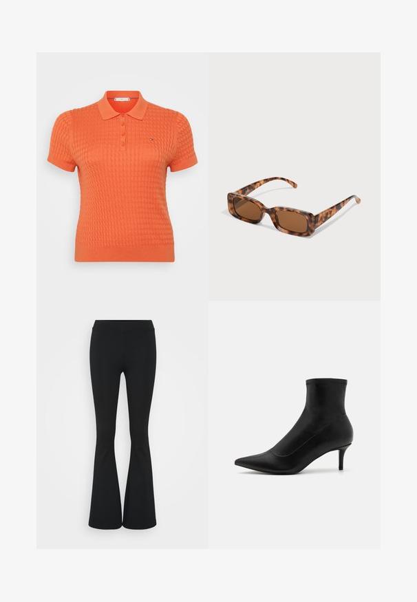 Koszulka polo z krótkim rękawem w jaskrawym pomarańczowym kolorze, z teksturowanym wzorem dzianiny, trzema guzikami oraz małym logo nad lewym rokiem.; Czarne spódnice dzwonowe wykonane z elastycznego materiału, z wysokim stanem i gładką fakturą. Spodnie rozszerzają się od kolana.; Czarne botki za kostkę wykonane z gładkiej skóry, z klapką w kształcie spiczastym i krótkim, cienkim obcasem. Posiadają bezszwowy design i subtelne akcenty w postaci przeszyć.; Okulary przeciwsłoneczne w kolorze tortoishell z prostokątnymi brązowymi soczewkami, grubą oprawką i cienkimi zausznikami z wzorem w różnych odcieniach brązu.