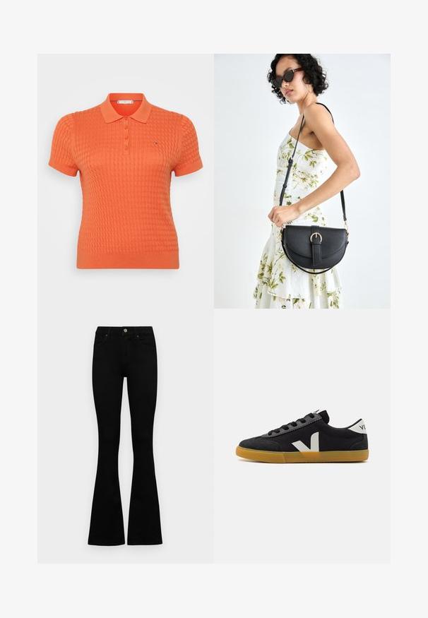 Polo cu mânecă scurtă, de culoare portocalie aprinsă, cu un model tricotat texturat, plasă cu trei nasturi și un logo mic deasupra pieptului stâng.; Jeans negri cu talie înaltă, cu închidere prin nasture și fermoar, buzunare frontale și picioare evazate, așezați pe un fundal alb.; Veja VOLLEY - Sneakers low - black/white/natural; Geantă din piele neagră, cu o formă curbată, curea detașabilă și accesorii aurii. Geanta are un capac cu un detaliu tip cataramă.