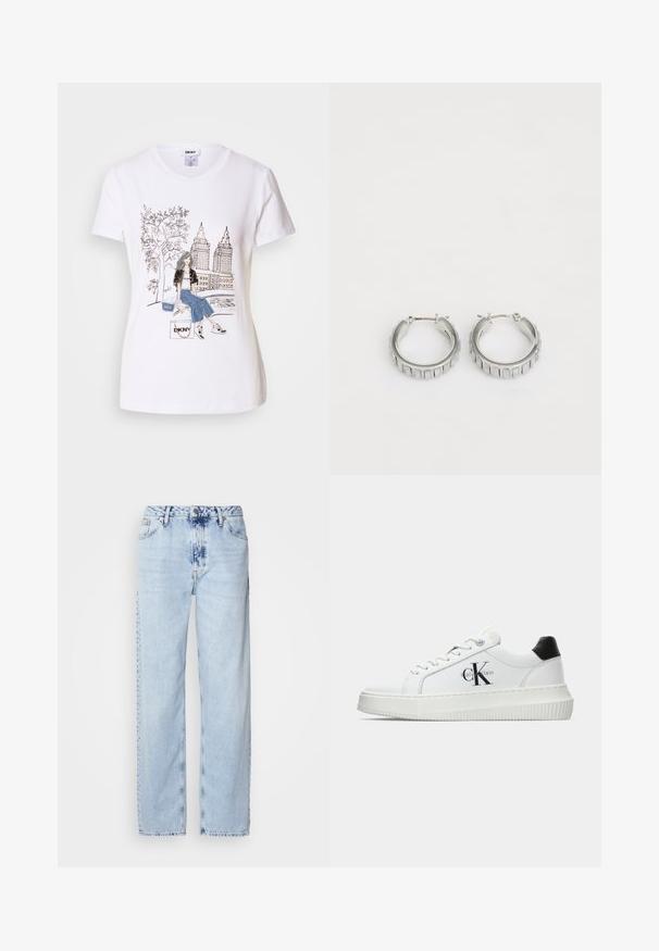 Camiseta de algodón blanca con un gráfico en blanco y negro de una chica, árboles y rascacielos, con acentos de mezclilla y la marca "DKNY".; Jeans de pierna ancha en azul claro, confeccionados en denim, con una cintura alta, un lavado desgastado y un sutil patrón de tie-dye en la parte delantera.; Zapatilla baja blanca con talón negro, suela de plataforma, cordones y logotipo "CK" de Calvin Klein en el lado.; Pendientes de aro plateados con un diseño texturizado que presenta estrías verticales. Forma circular con un cierre de seguridad. Acabado suave.