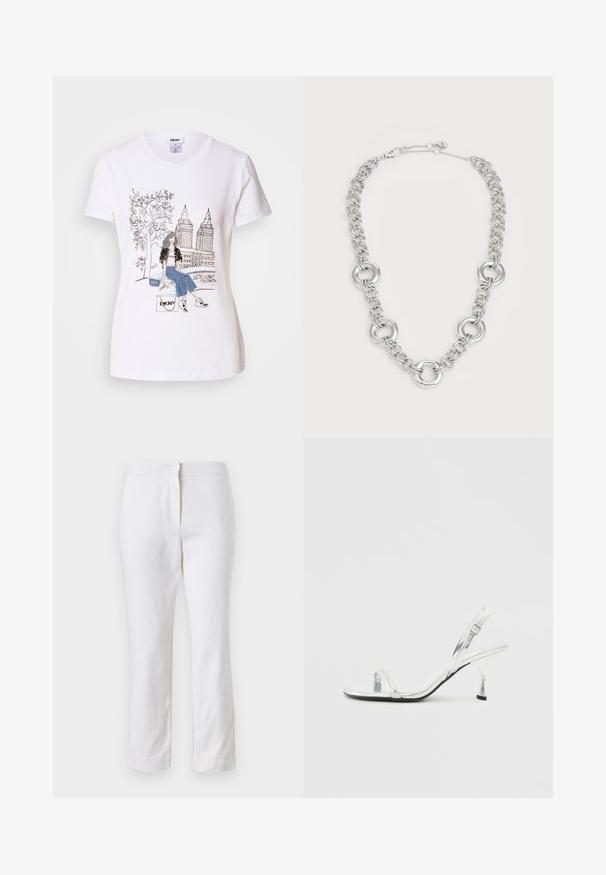Camiseta de algodón blanca con un gráfico en blanco y negro de una chica, árboles y rascacielos, con acentos de mezclilla y la marca "DKNY".; Pantalones de algodón blancos con un diseño de pierna recta, que cuentan con una cintura de media altura y sin herrajes o patrones visibles. Textura suave en todo su recorrido.; Sandal de tacón alto de charol plateado con tiras estrechas en la puntera, hebilla ajustable y un tacón delgado.; Collar de cadena de plata con eslabones entrelazados y acentos circulares. El diseño es suave con un acabado pulido y cierre de langosta.