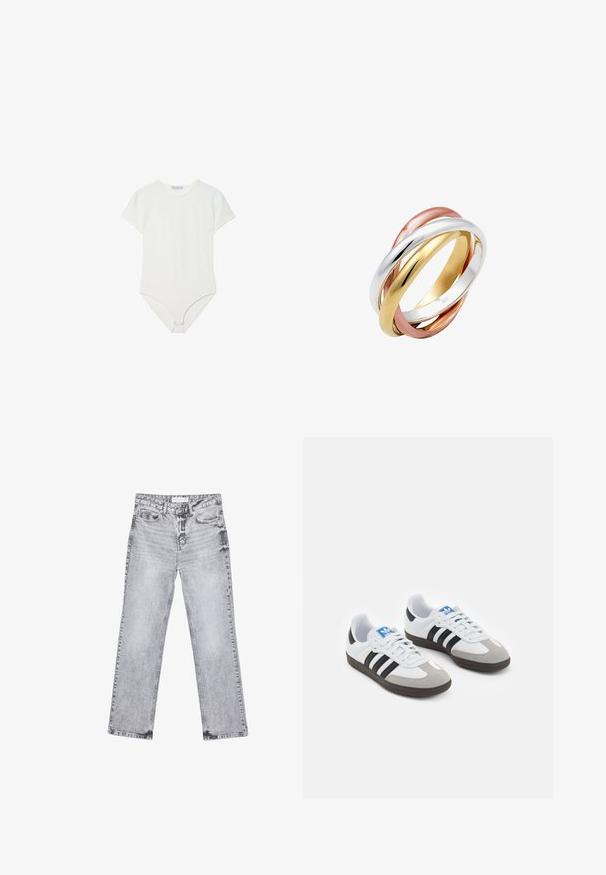 Biele krátke rukávy body vyrobené z mäkkého a pružného materiálu. Má okrúhly výstrih a zapínanie na cvočky v spodnej časti pre jednoduché obliekanie.; Šedé džínsy s rovnými nohavicami, s opotrebovaním, piatimi vreckami a meďou pokovovanými nitmi. Pás má štítok s logom.; Športové topánky s bielym koženým zvrškom, šedou semišovou špičkou a tromi čiernymi pruhmi. Obsahujú modré logo na jazyku a štruktúrovanú gumovú podrážku.; Tričko prepojené prstene vyrobené z lešteného striebra, zlata a ružového zlata, s hladkým, zaobleným dizajnom a lesklým povrchom.