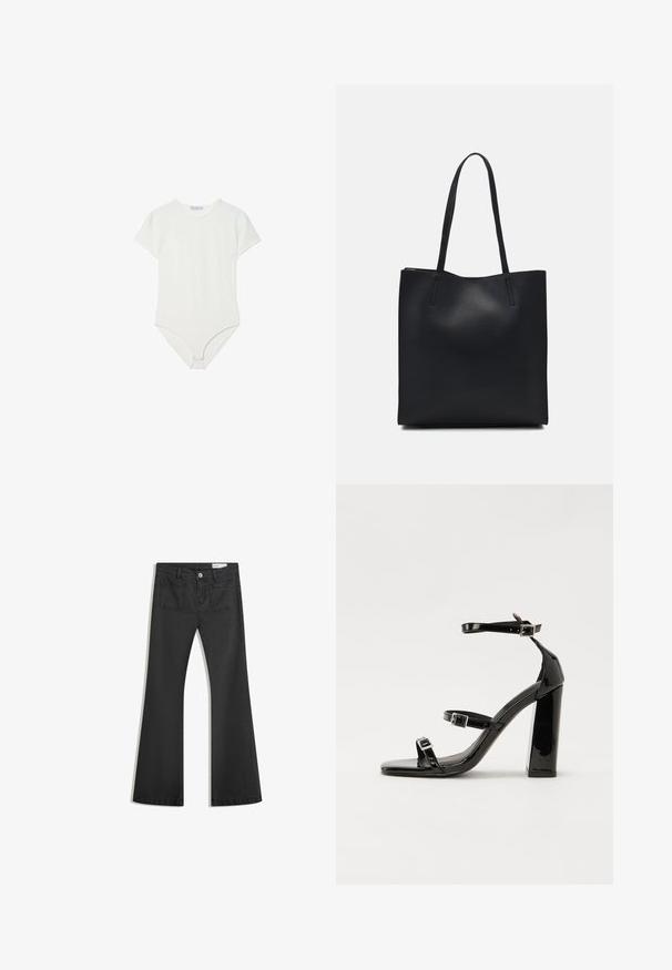 Hvid kortærmet bodystocking lavet af blød, strækbar stof. Har en rund halsudskæring og trykknaplukning i bunden for nem påklædning.; Sorte flared jeans lavet af denim med en glat tekstur, som har to baglommer og en knaplukning i taljen.; Sorte patenterede hælsandaler med firkantet tå, ankelremme og sølvspænder. Har en chunky blokHæl for stabilitet.; Sort læder tote taske med glat tekstur, rektangulær form og to lange hanke. Ingen synlig hardware eller udsmykninger.