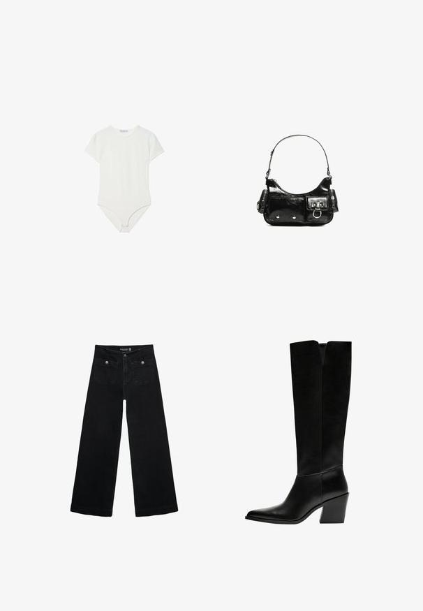 Bílý krátký body vyrobený z měkké, elastické látky. Má kulatý výstřih a spodní zapínání na patentky pro snadné oblékání.; Černé široké džíny s vysokým pasem, obsahující dvě přední kapsy a kovové knoflíkové detaily. Látka má hladkou texturu.; Černé kozačky po kolena vyrobené z hladké kůže, s špičatou špičkou, blokovým podpatkem a výřezem ve tvaru V na vrchu.; Černá lakovaná kožená kabelka s křivkovým tvarem, jedním ramenním popruhem, předními kapsami a stříbrnými kovovými detaily.