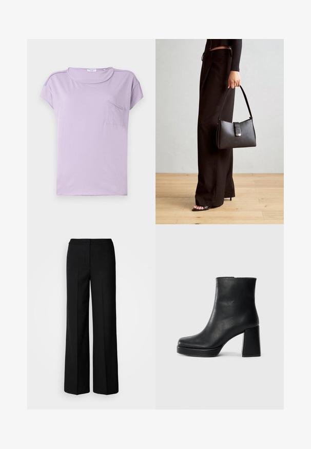 Lila, rövid ujjú póló, puha anyagból készült. Kerek nyakkal és mellzsebbe helyezett zsebbel rendelkezik. Sima textúrájú, finom varrási részletekkel.; Fekete, széles szárú nadrág sima anyagból, magas derekú, üzemben készült varrásokkal és minimalista dizájnnal. Nincsenek látható fémrészek vagy zsebek.; Fekete bőr bokacsizma tömbsarkal és platform talppal, oldalról nézve, sima fehér háttéren.; Fekete kézi táska strukturált formával, sima textúrával és fémből készült záródással. Széles fekete nadrággal és nyitott orrú szandállal párosítva, fából készült padlón.