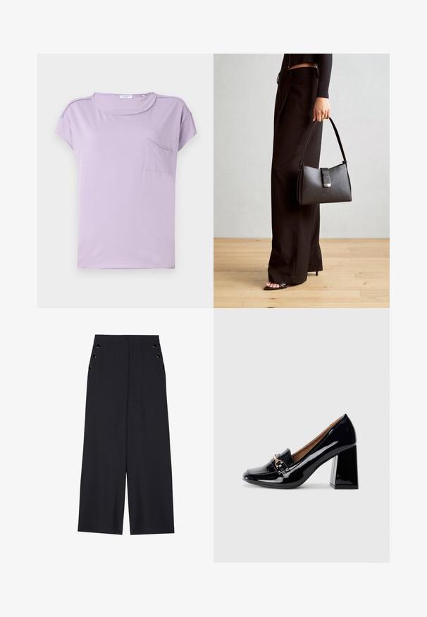 Lila kortärm T-shirt van zachte stof. Heeft een ronde hals en een borstzakje. Soepele textuur met subtiele stikdetails.; Zwarte wijde broek in donkerblauw materiaal, met een gladde textuur, voorplooien en decoratieve goudkleurige ogen op de zijzakken.; Zwarte lakleren hoge hak met een spitse neus en blokhak. Bevat een decoratieve band en gespdetail op de wreef.; Zwarte handtas met gestructureerde vorm, gladde textuur en een metalen sluiting. Gecombineerd met brede zwarte broeken en sandalen met open teen op een houten vloer.