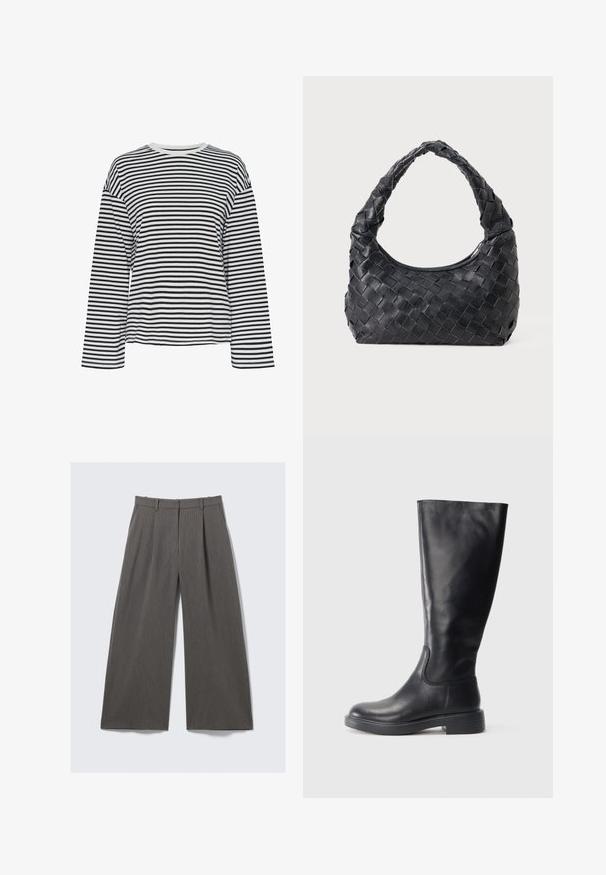 Zwart-witte gestreepte langemouwen shirt met een ronde hals. Zachte stof, relaxte pasvorm en contrasterende accenten op de halslijn.; Grijze pinstriped wijde broek met riemlussen en plooien, plat geëxposeerd tegen een witte achtergrond.; Hoge zwarte leren laars met lage hak en ronde neus, zijaanzicht op witte achtergrond.; Zwarte leren geweven schoudertas met een ronde handgreep en een maansvormig lichaam op een effen achtergrond.