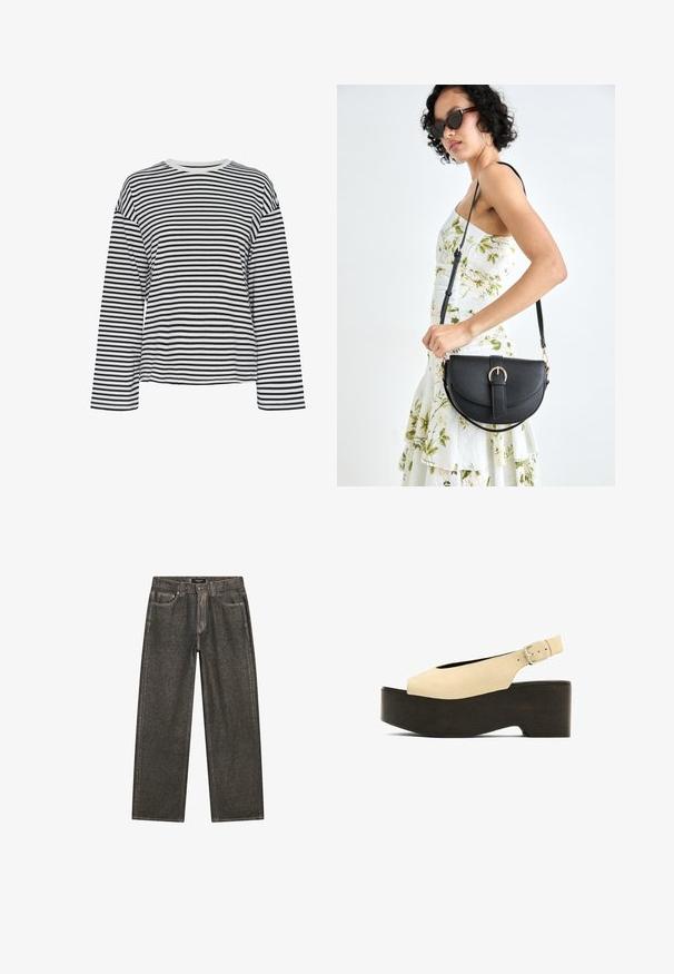 Maglietta a maniche lunghe a righe bianche e nere con scollo a giro. Tessuto morbido, vestibilità comoda e dettagli a contrasto sul colletto.; Jeans a gamba larga grigio scuro in denim, con un classico design a cinque tasche, cuciture resistenti e zip con chiusura a bottone.; Sandali platform in suede beige con punta aperta, design slingback e base scura simile al legno, dotati di una fibbia metallica per la regolazione.; Borsa a tracolla nera in pelle con una forma curva, manico rimovibile e accessori dorati. La borsa presenta una patta con un dettaglio a fibbia.