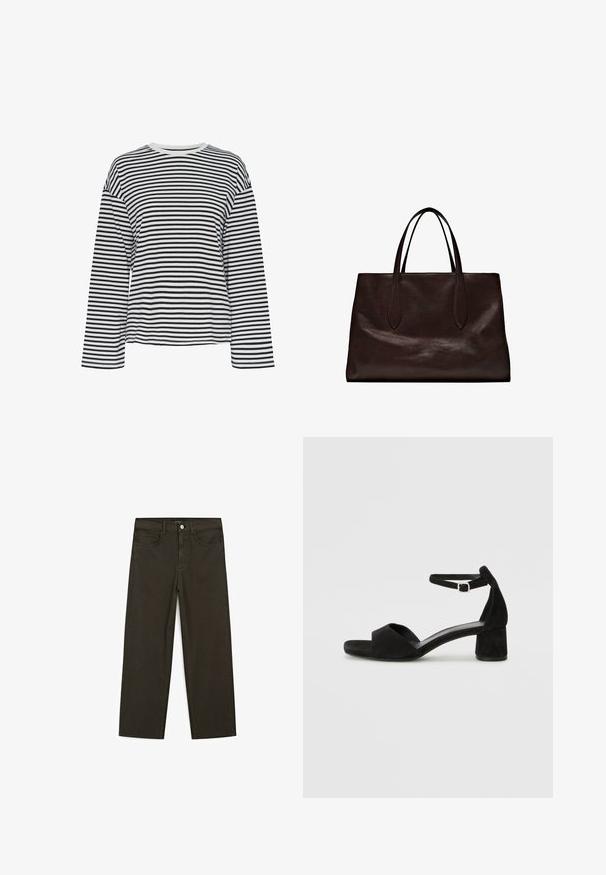 Maglietta a maniche lunghe a righe bianche e nere con scollo a giro. Tessuto morbido, vestibilità comoda e dettagli a contrasto sul colletto.; Jeans a gamba larga di colore verde scuro, realizzati in tessuto misto cotone, dotati di chiusura con bottone frontale, cinque tasche e cuciture classiche in denim.; Sandali con tacco in suede nero, con una sottile fascia alla caviglia, design open toe e un discreto tacco a blocco. Texture liscia e decorazioni minime.; Massimo Dutti Borsa a mano - brown