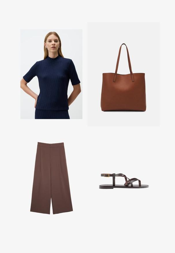 Granatowa bluzka z krótkim rękawem, z wysokim kołnierzem, żebrowaną teksturą i subtelnym wzorem geometrycznym; dopasowany krój i miękki materiał.; Brązowe spodnie o szerokich nogawkach z gładką fakturą, z wysokim stanem i plisami z przodu. Materiał jest lekki i luźno opada.; Brązowe skórzane sandały z krzyżującymi się paskami, zapięciem na klamrę przy kostce oraz płaską podeszwą z minimalnymi detalami szycia.; Brązowa skórzana torba tote o gładkiej fakturze, z otwartym wierzchem i dwoma ramiączkami. Charakteryzuje się minimalnym przeszyciem i brakiem widocznych elementów metalowych.