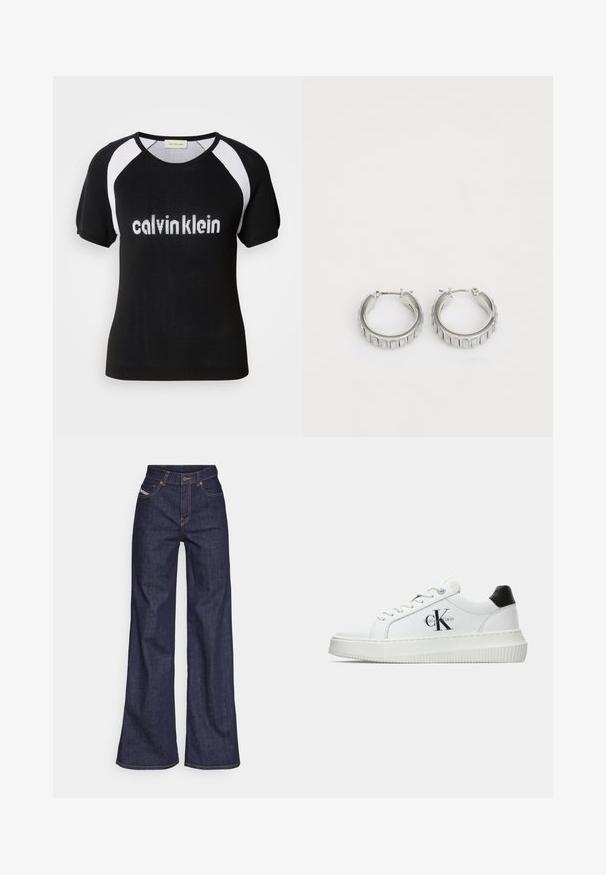 Top curto de malha preto com mangas raglan brancas. Apresenta o texto "calvinklein" em branco no peito. Decote redondo. Textura suave.; Jeans de perna larga azul escuro em tecido de denim com alta cintura, apresentando costura laranja, design de cinco bolsos e fecho de botão.; Sapatilhas brancas de cano baixo com aba preta no calcanhar, sola tipo plataforma, cordões e logo "CK" da Calvin Klein na lateral.; Brincos em argola prateados com um design texturizado que apresenta sulcos verticais. Forma circular com um fecho de segurança. Acabamento suave.