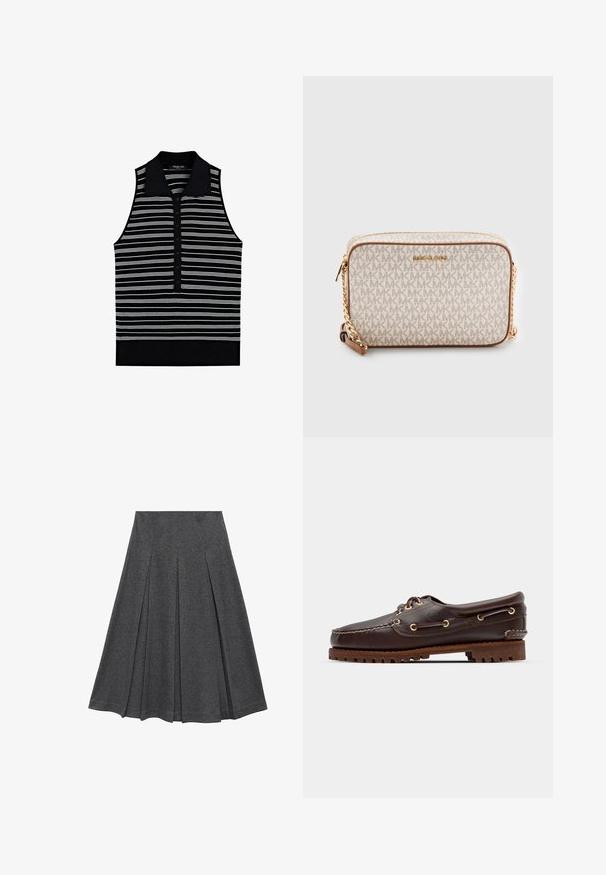 Sleevless polo shirt med sort bund, der har vandrette hvide striber og en sort krave. Fem-knap lukning med et tekstureret stof.; Grå plisseret nederdel med en vidde form, lavet af blødt stof. Har lodrette plisseringer og et glat taljebånd for et tætsiddende look.; Brune læder bådsko med gyldne øjer, runde snørebånd og en struktureret brun gummisål. Har quiltede detaljer og et forhøjet logo.; Beige crossbody taske lavet af lærred med et gentaget MK-logo mønster, gyldent hardware og en kædestropp. Har en lynlåslukning og læderdetaljer.