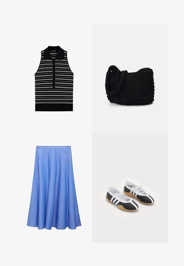 Mouwloze poloshirt met een zwarte basis, voorzien van horizontale witte strepen en een zwarte kraag. Vijfknopen placket met een textuurstof.; Lichtblauwe plissé rok met verticale witte strepen. Gemaakt van zachte stof, met een middellange ontwerp en een getailleerde tailleband.; Zwart-witte sport schoenen met een slank ontwerp, rubberen zool, vetersluiting en drie witte strepen aan de zijkanten.; Zwarte stoffen tas met een gestructureerd, gewatteerd patroon. Rondvormig, korte, dikke handvatten en een zachte, flexibele structuur.