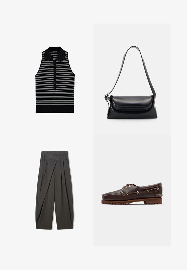 Poloko bez rukávů s černým základem, které má horizontální bílé pruhy a černý límec. Pětikovový zapínací límeček s texturovanou látkou.; Šedé skládací kalhoty s vysokým pasem, které mají knoflíkovou manžetu a široké nohavice. Vyrobeno z hladké tkaniny.; Hnědé kožené lodní boty se zlatými očky, kulatými tkaničkami a texturovanou hnědou gumovou podrážkou. Obsahují zašitý detail a vyvýšené logo.; Černá kožená kabelka se strukturovaným tvarem, hladkým povrchem a jedním ramenním popruhem. Obsahuje jemně zaoblený design klopy.
