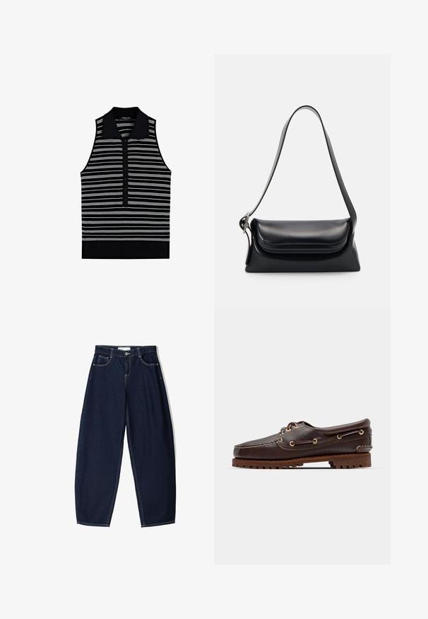 Sleevless polo shirt med sort bund, der har vandrette hvide striber og en sort krave. Fem-knap lukning med et tekstureret stof.; Mørkeblå denimbukser med løs pasform, der har fem lommer, kontrasterende syninger og lynlåslukning foran.; Brune læder bådsko med gyldne øjer, runde snørebånd og en struktureret brun gummisål. Har quiltede detaljer og et forhøjet logo.; Sort læderhåndvask med en struktureret form, en glat overflade og en enkelt skulderrem. Har et subtilt, rundet klapdesign.