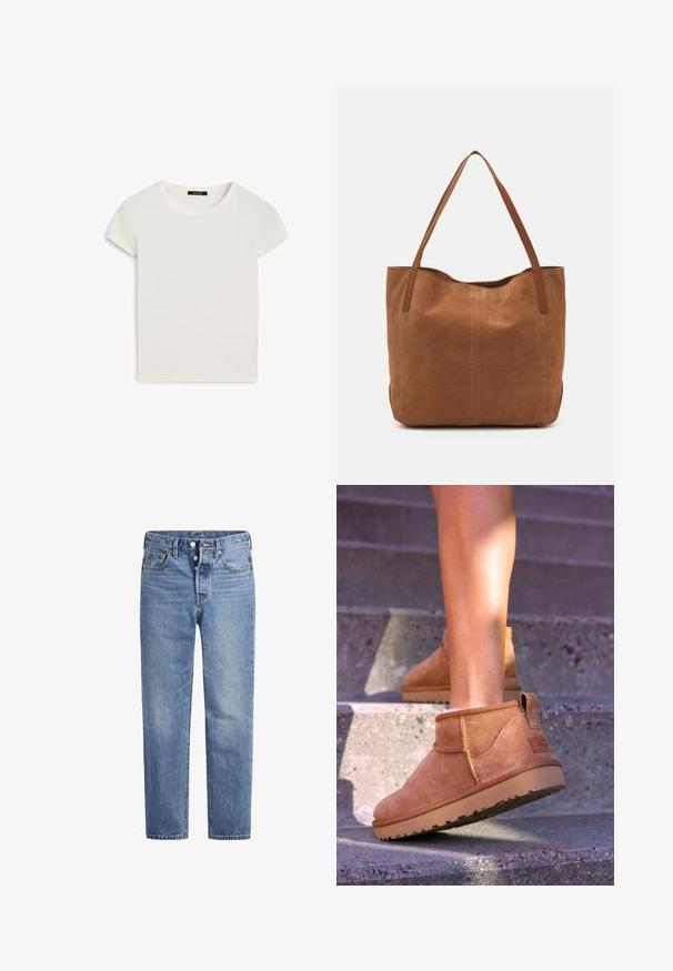 T-shirt bianca a maniche corte con scollo rotondo, realizzata in morbido cotone, caratterizzata da una superficie liscia e un design semplice.; Jeans in denim blu chiaro con taglio dritto, design a cinque tasche e chiusura con bottone. Presentano una leggera sbiaditura e dettagli in cucitura arancione.; Stivali alla caviglia in suede beige con una consistenza morbida, dettagli cuciti e suola in gomma, dotati di un tacco ad anello per una facile vestibilità.; Borsa a spalla in suede marrone con due manici lunghi, caratterizzata da una texture liscia, design semplice e senza hardware o dettagli visibili.