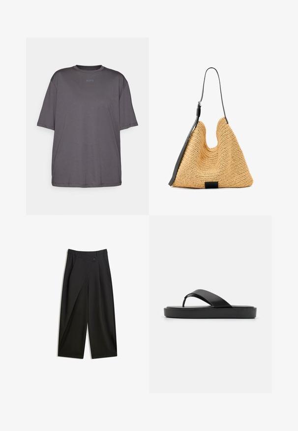 Szürke, rövid ujjú póló, puha anyagból készült. Kerek nyakkivágással és egy diszkrét "BORG" logóval a mellen. Laza szabás és minimalista dizájn jellemzi.; Fekete, bő szabású nadrág sima anyagból. Elöl pliszé, gombos záródással és szabott derékkal rendelkezik a karcsú illeszkedés érdekében.; Fekete flip-flop szandál sima felső pánttal és textúrázott talppal. Minimalista dizájn, alacsony profilú sziluettel.; Természetes, szőtt sörét táska texturált felülettel, nagy nyitott tetejű, ívelt formájú, sötét bőr pánttal. Az alján fekete akcentus található.