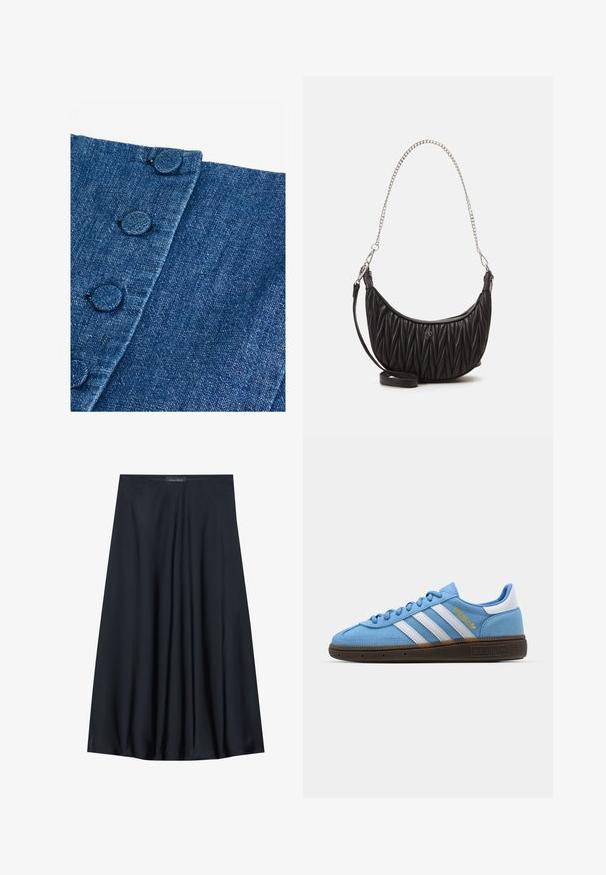 Denim tkanina u tamnoplavoj boji s teksturiranim završetkom. Sadrži okrugle gumbove prekrivene tkaninom duž ruba i dijagonalni šav kao detalj.; Crna suknja do koljena izrađena od lagane tkanine s lepršavim dizajnom. Ima glatku teksturu i suptilne plisirane detalje.; Svijetloplave nubuk tenisice s bijelim kožnim trakama, smešim teksturiranim đonom i zlatnim logom. Dizajn niskih tenisica s zaobljenim vrhom.; Crna torbica od umjetne kože s kvadratom teksturom, zakrivljenog oblika, srebrnim lančanim remenom i malim logotipom na prednjoj strani.