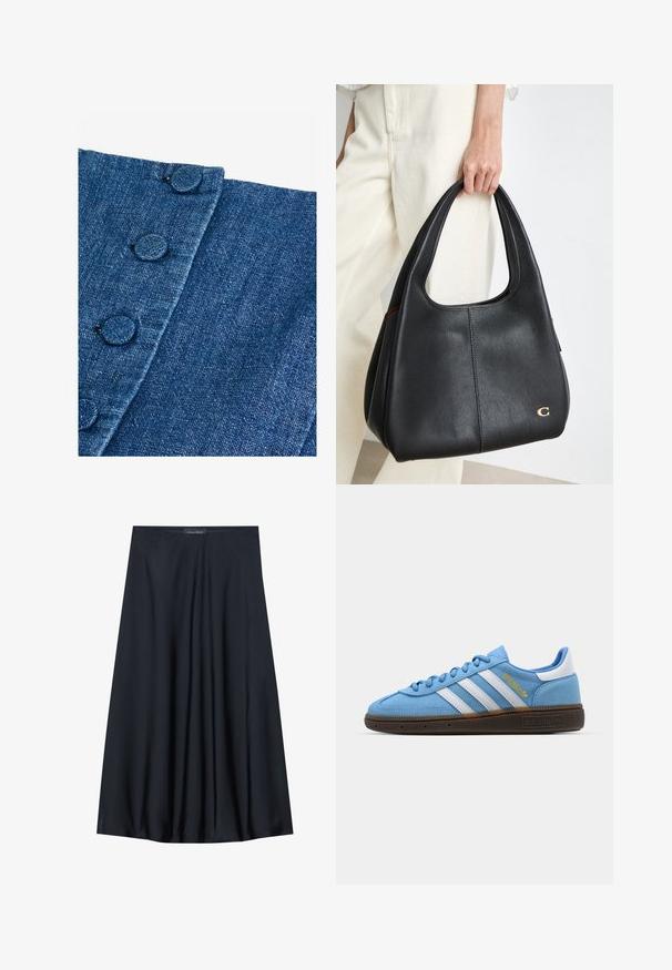 Denimová tkanina v tmavomodrej farbe s textúrovaným povrchom. Obsahuje okrúhle, látkou potiahnuté gombíky pozdĺž okraja a diagonálny šev.; Čierna sukňa po kolená vyrobená z ľahkej tkaniny s voľným strihom. Obsahuje hladkú textúru a jemné záhyby pre dodatočný detail.; Svetlomodré semišové tenisky s bielymi koženými pruhmi, hnedou štruktúrovanou podrážkou a zlatým logom. Nízky strih s okrúhlou špičkou.; Čierna kožená hobo taška s textúrovaným povrchom, predĺženými rukoväťami a zlatým logom na boku.
