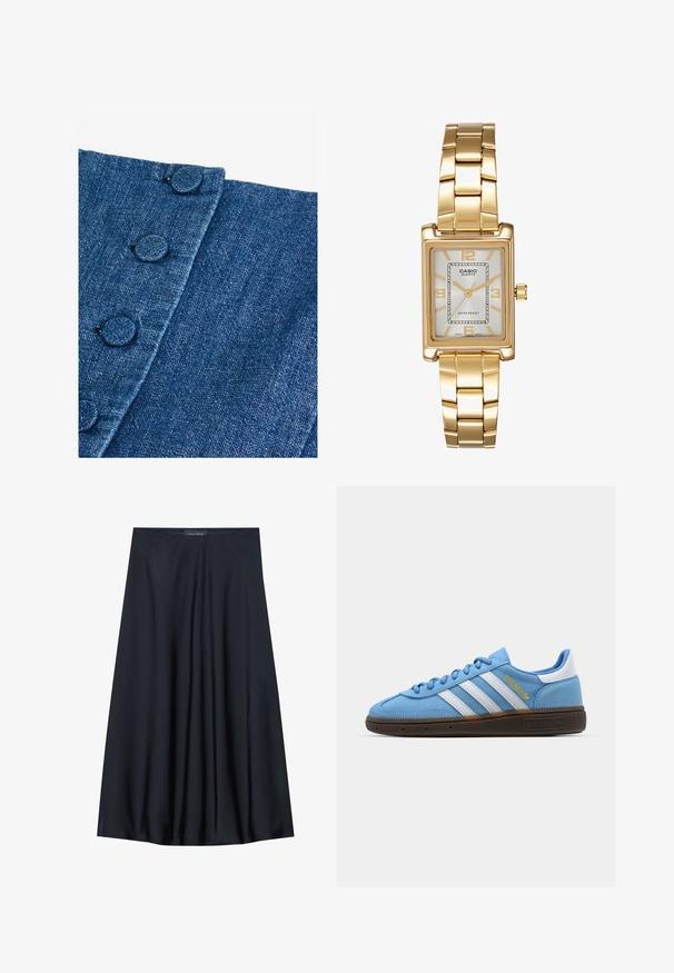 Tume sinine teksakangas tekstuuriga viimistlusega. Serva äärde on paigaldatud ümmargused riidest kaetud nupud ning diagonaalne õmblusdetail.; Must have pikk, kerge materjaliga must seelik, millel on voogav disain. Omab siledat tekstuuri ja peeneid voldikesi lisadetailiks.; Heledad sinised sametist tossud valgete nahkristidega, pruuni tekstureeritud tallaga ja kuldse logo detailiga. Madal disain lõpus ümarate varvastega.; Kuldtooni ristkülikukujuline käekell valge puidust näidikuga, hõbedaste tundide markeritega ja vastupidava metallist link-ribaga. Veekindel omadus on kaasas.