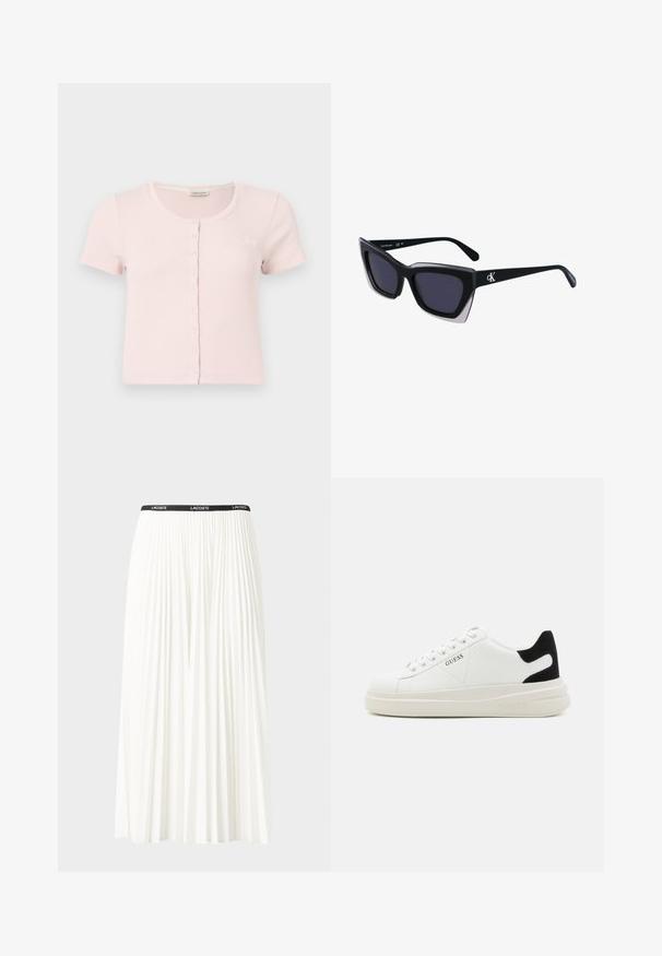 Svetlo roza rebrasta majica s kratkimi rokavi, okroglim izrezom in z gumbom spredaj. Ima majhen vezen ogledni logotip na levi strani.; Gubasta bela krila z črnim elastičnim pasom, ki nosi logotip "LACOSTE". Srednje dolga zasnova z mehkobo tkanine.; Bele usnjene športne copate z debelim belim podplatom, črnimi semišnimi detajli na peti in utisnjenim logotipom na strani. Zavezovanje s šestimi luknjicami.; Črne prevelike sončne očala geometrijske oblike, z temnimi lečami in kontrastno sivo podrobnostjo na okvirju. Logo na ročaju.