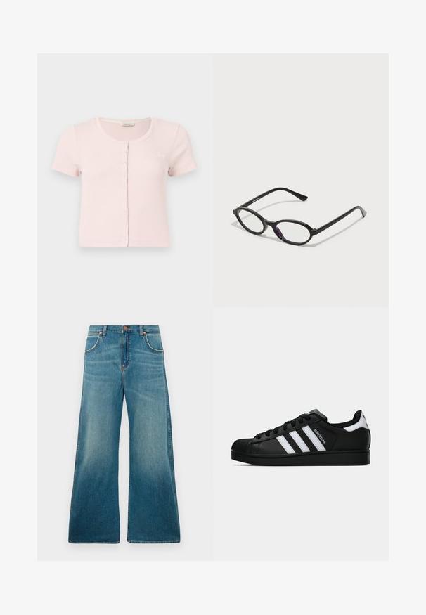 Light pink ribbed short-sleeve top with a round neckline and button closure down the front. Features a small embroidered logo on the left side.; High-waisted blue denim jeans with wide legs, front pockets, button closure, and faded color gradient from waist to hem.; Black Adidas Superstar sneaker with white stripes, shell toe, and "Superstar" text on side, shown in side profile on white background.; Black oval-frame glasses with translucent purple accents on the lenses. Frames have a matte finish and slender, straight temples.
