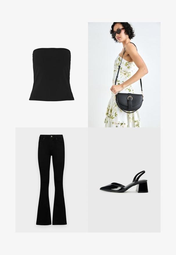 Top preto sem alças feito de tecido liso, apresentando uma silhueta ajustada e barra reta. Sem padrões visíveis ou detalhes de hardware.; Jeans pretos de cintura alta com fecho de botão e zíper, bolsos frontais e pernas largas dispostos em cima de um fundo branco.; Sandy em verniz preto com salto slingback, ponta afilada e salto geométrico. Apresenta um design elegante e minimalista com textura suave.; Bolsa de couro preta com forma curva, alça destacável e detalhes em dourado. A bolsa possui uma aba com detalhe de fivela.