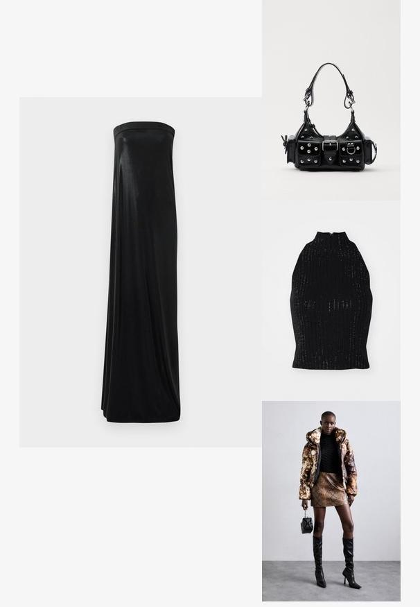 Fekete kötött felső magas gallérral, bordázott textúrával és kis lyukacsos mintákkal. Cipzáras záródás a hátsó részen.; Fekete, pánt nélküli maxi ruha sima, fényes anyagból. Feszes felsőrésze és lebegő sziluettje van, a földig ér, díszítések nélkül.; Barna és fekete mintás puffjú dzseki, barna kígyóbőr mintás mini szoknyával, fekete térdig érő csizmával és egy kicsi fekete táskával párosítva.; Fekete bőr kézitáska ívelt designnal, ezüst szegecsekkel, csattal és két oldalsó zsebbel. Állítható vállpánt a hordozási lehetőségekhez.