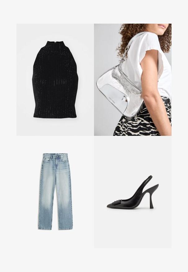 Fekete kötött felső magas gallérral, bordázott textúrával és kis lyukacsos mintákkal. Cipzáras záródás a hátsó részen.; Világoskék farmernadrág, magas derék mögött, egyenes szárú dizájn. Klasszikus öt zsebes stílus, finom kopásnyomokkal az elején.; Fekete bőr pántos cipő hegyes orral, karcsú magas sarkával és dekoratív masnival. Simaság és elegáns dizájn.; Ezüst fémes válltáska sima felülettel, ívelt formával, lánchordóval, és egy fényes elülső panellel, amelyen finom logógravírozás található.