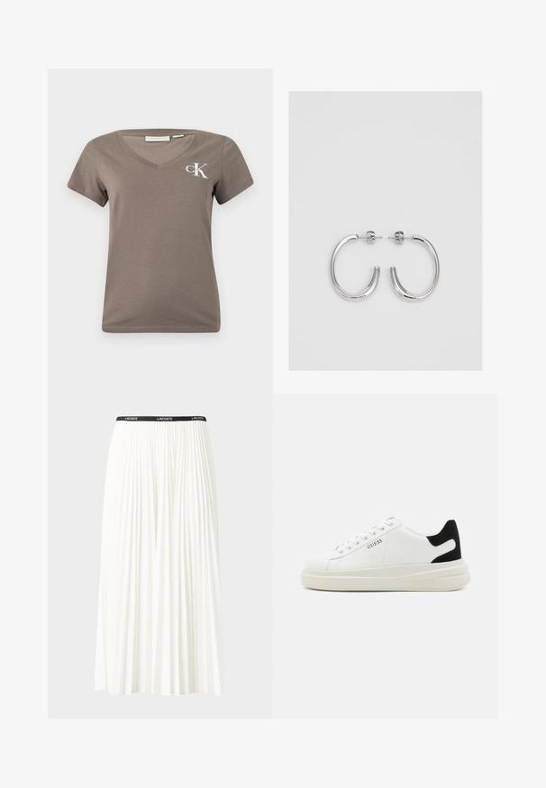 Brūns V veida kakla T-krekls, kas izgatavots no mīkstas kokvilnas, ar īsām piedurknēm un baltu "CK" logotipu kreisajā krūtī. Vienkāršs un pieguļošs dizains.; Gari plānas baltas svārku ar melnu elastīgu jostu, uz kuras redzams "LACOSTE" logo. Vidēja garuma dizains ar mīkstu tekstūru.; Baltas ādas sporta apavi ar biezu balto zoli, melna zamša uzpura un izspiestais logotips sānos. Šņorējuma dizains ar sešiem acu caurumiem.; Sudraba riņķveida auskari ar gludu, spīdīgu apdari. Apaļas formas, viegla dizaina, ar aizdari uz stieples.
