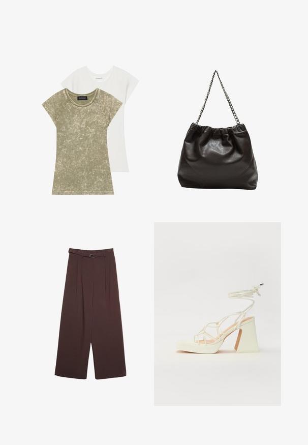 Dvě trička s krátkým rukávem: jedno olivově zelené s texturovanou, žebrovanou tkaninou, druhé hladké bílé. Obě mají kulatý výstřih a raglánové rukávy.; Stradivarius WIDE-LEG WITH BUCKLE DETAIL - Kalhoty - dark brown; Bílé sandály na vysokém podpatku s robustním podpatkem, s designem s pásky a zavazováním kolem kotníku. Hladký povrch s platformou vpředu pro zvýšení výšky.; Hnědá kožená taška se sbíraným vrškem a řetízkovým popruhem. Hladký povrch s lesklým finišem a jemným švem na bocích.