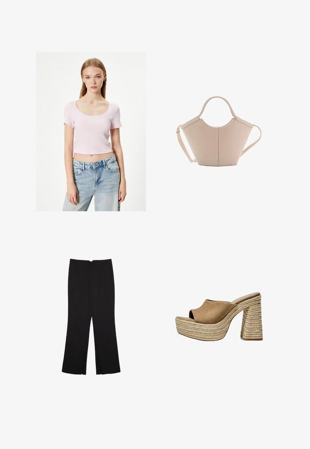 Lyserød, ribbet cropped top med korte ærmer, der har en scallop-lace halsudskæring og en lille sløjfedetail i midten.; Sorte bukser med lige pasform, der har frontlommer og slidser i kanten. Lavet af blødt, glat stof. Velegnet til forskellige anledninger.; Brune ruskinds platformmules med åben tå, der har en chunky flettet jutehæl og et glat, rundet overdesign.; Lysebrun læderhåndtaske med en unik form, featuring to korte håndtag og et langt justerbart rem. Glat tekstur med minimal hardware.