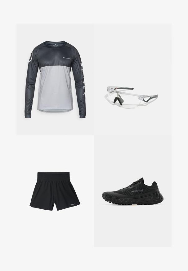 Cyklistická dres s dlhým rukávom v čiernej a šedej farbe, so zaobleným výstrihom, hladkou textúrou a logovými akcentmi na hrudi a rukáve.; Čierne športové šortky s širokým elastickým pásom, vo voľnom strihu a s nenápadným brandingom na dolnej ľavej strane. Hladká textúra.; Čierne športové topánky s textúrovaným zvrškom, zosilnenou pätou, zakrivenou podrážkou a agresívnym vzorom podrážky na trakciu. Výrazný vlnitý dizajn.; Priehľadné bezpečnostné okuliare s ľahkým, transparentným rámom a sivými akcentmi. Majú obopínajúci dizajn a nastaviteľný nosník.