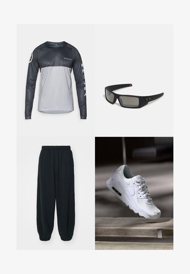 Långärmad cykeltröja i svart och grått, med rund halsringning, mjuk textur och logotypdetaljer på bröstet och ärmen.; Svarta, elastiska sweatpants med lös passform, mudd vid anklarna, slät textur och utan synliga mönster eller detaljer i metall.; Vita Nike Air Max 90 sneakers med en ovandel i mesh och läder, perforerad tåbox och en synlig luftenhet i hälen.; Svarta solglasögon med matt yta, rektangulära linser, lätt kurva vid skalmarna, diskret logotypdetalj och rökfärgade linser.