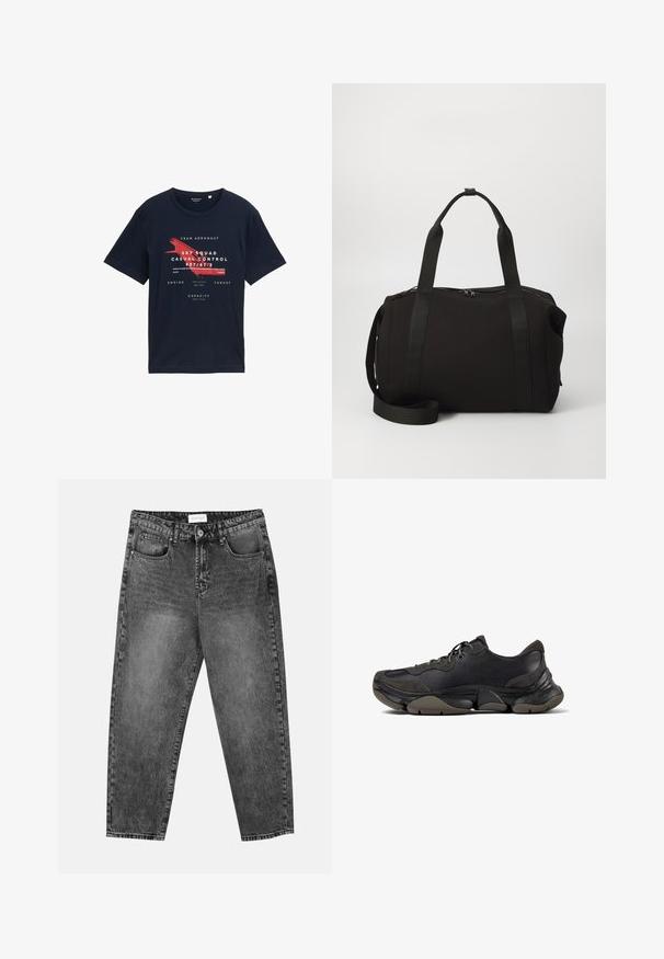 Laivasilkkinen puuvillapaita, jossa on pyöreä kaula-aukko, lyhyet hihat ja etupuolella tekstiä punaisilla yksityiskohdilla sekä ilmailuteemaisia suunnitteluyksityiskohtia.; Mustat pesetyt suorat farkut, joissa on etu- ja takataskut, vyölenkit ja nappisuljenta vyötäröllä.; Musta urheilukengät, joissa on tekstuuripohja, nahasta ja mokasta valmistettu päällinen, pehmustettu nilkka, ja nauhakiinnitys, esitetty sivuprofiilissa.; Musta viikonloppulaukku, jossa on paksut kahvat ja irrotettava olkahihna. Valmistettu sileästä kankaasta, jossa on vetoketju suljenta ja minimalistinen muotoilu.