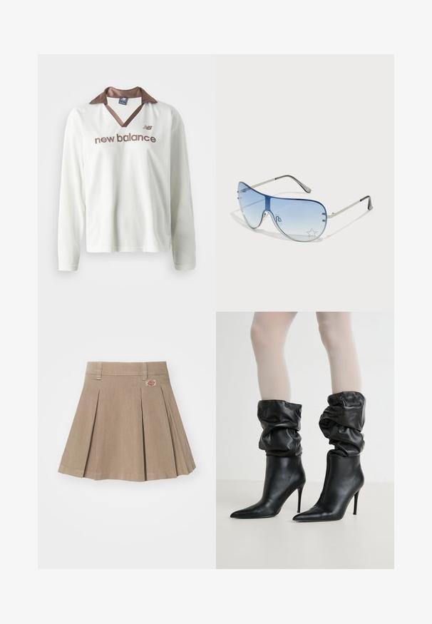 Witte netstructuur lange mouw shirt met een bruine satijnen kraag. Bevat het "new balance" logo in bruin op de voorkant. Casual sportdesign.; Beige geplooide rok gemaakt van een gestructureerde stof. Voorzien van een tailleband met riemlussen en een logopatch aan de linkerzijde.; Zwarte leren enkellaarsjes met een slouchy ontwerp, spitse neus en hoge stilettohak, met een zachte, textuur afgewerkte rand om de enkels.; Aviator zonnebril met een gradient blauwe lens, zilveren metalen frame en decoratieve sterrenaccenten op de lens. Glad en strak ontwerp.