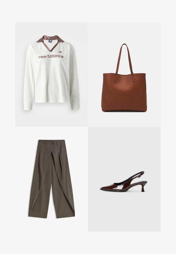 White mesh long-sleeve shirt with a brown satin collar. Features "new balance" logo in brown across the front. Casual sports design.; Wide-leg trousers made of a textured, dark gray fabric. Features a front pleat, button closure, and side pockets for practicality.; Brown patent leather slingback shoe with a pointed toe and a moderate heel. Features a buckle strap for secure fit. Smooth texture.; Brown leather tote bag with a smooth texture, open top design, and two shoulder straps. Features minimal stitching and no visible hardware.