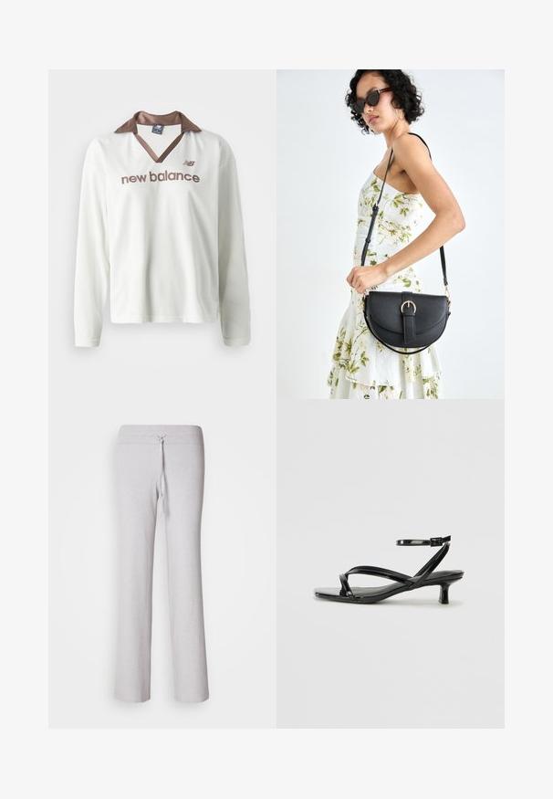 Weißes Netz-langarmshirt mit einem braunen Satin-Kragen. Verfügt über das braune "new balance"-Logo auf der Vorderseite. Lässiges Sportdesign.; Helle graue, gerippte Loungehosen mit einem Kordelzugbund und weitem Bein. Glatte Textur, durchgehende Silhouette.; Schwarze Lackleder-Sandale mit niedrigem Absatz, ausgestattet mit überkreuzten Riemen und einem verstellbaren Knöchelriemen. Glatte, glänzende Oberfläche.; Schwarze Lederhandtasche mit geschwungener Form, abnehmbarem Tragegurt und goldenen Beschlägen. Die Tasche verfügt über einen Deckel mit einer Schnallen-Details.