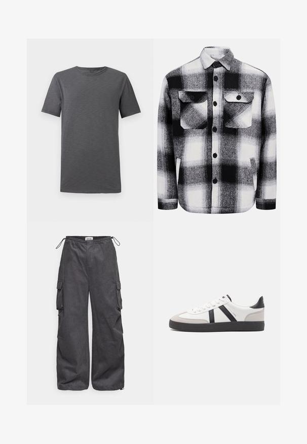 Pilkas trumpas rankovės marškinėliai, eksponuojami prieš baltą foną, su apvaliu iškirpimu ir paprastu, kasdieniu dizainu.; Juodai baltas languotas flanelinis marškinis, turintis dvi priekinės kišenes, mygtukų užsegimus ir švelnią tekstūrą. Klasikinis languotas raštas.; Pilkos krovinių kelnės su tekstūriniu audiniu, elastinga juosta, raišteliu ir šoninėmis kišenėmis. Plataus kirpimo, laisvas siluetas su plačiomis kojomis.; Balti sportbačiai su juodais ir pilkais akcentais, pasižymintys tekstūruotu pilku pirštų dangteliu, juoda gumine padais ir plokščiomis baltomis raišteliais. Švarus dizainas, minimalistinis stilius.