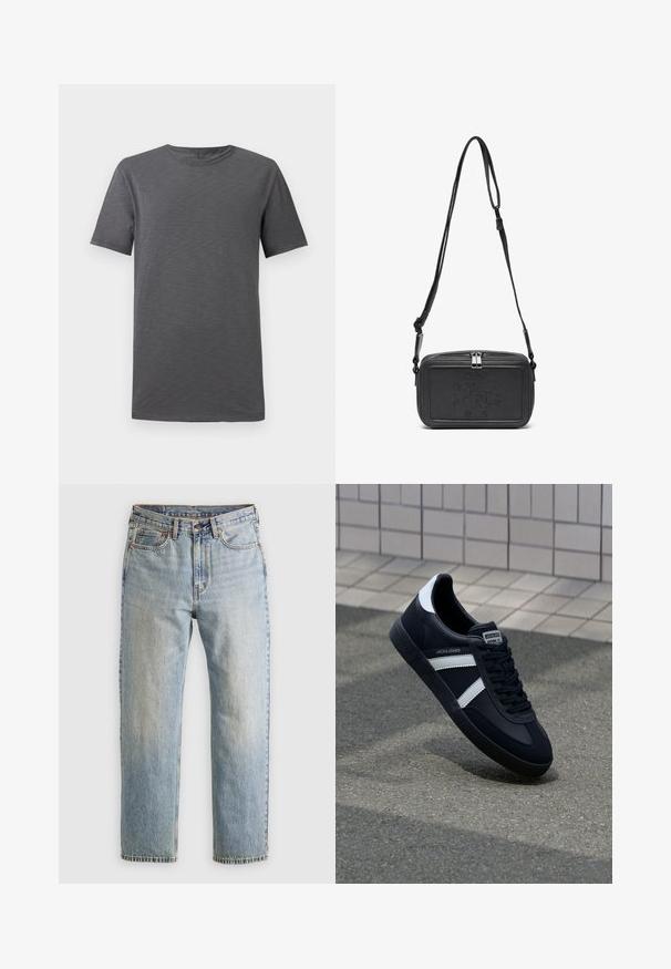 Grijze t-shirt met korte mouwen op een witte achtergrond, voorzien van een ronde halslijn en een eenvoudig, casual ontwerp.; Lichtblauwe denim jeans met hoge taille, frontknop, rits en vijfzakkenontwerp, plat gelegd op een neutrale achtergrond.; Zwarte leren sneaker met witte strepen, een gestructureerde rubberen zool en vetersluiting aan de voorkant. Voorzien van een merklabel op de tong.; Zwarte leren schoudertas met een ritssluiting, reliëflogo aan de voorkant en een verstelbare schouderriem. Gladde textuur met een rechthoekige vorm.