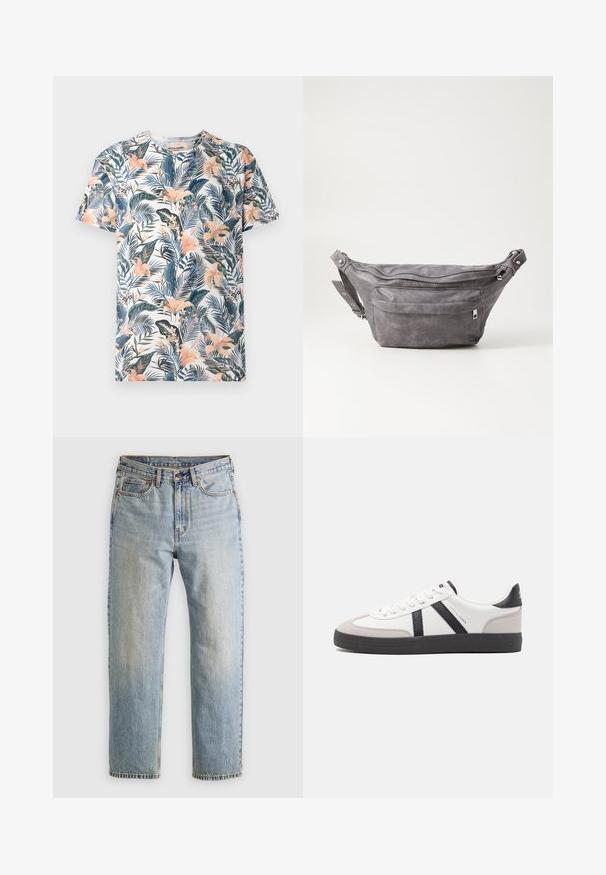 Tričko s krátkym rukávom vyrobené z látky s tropickým kvetinovým vzorom v odtieňoch zelenej, ružovej a modrej na bielom pozadí.; Svetlomodré džínsy s vysokým pásom, predným gombíkom, zipsom a dizajnom s piatimi vreckami, rozložené na neutrálnom pozadí.; Biele tenisky s čiernymi a šedými akcentmi, s textúrovanou šedou špičkou, čiernou gumovou podrážkou a plochými bielymi šnúrkami. Čistý dizajn, minimalistický štýl.; Sivá semišová ľadvinka s okrúhlym tvarom, dvoma zipsovými priehradkami a nastaviteľným popruhom. Obsahuje kovové prvky.