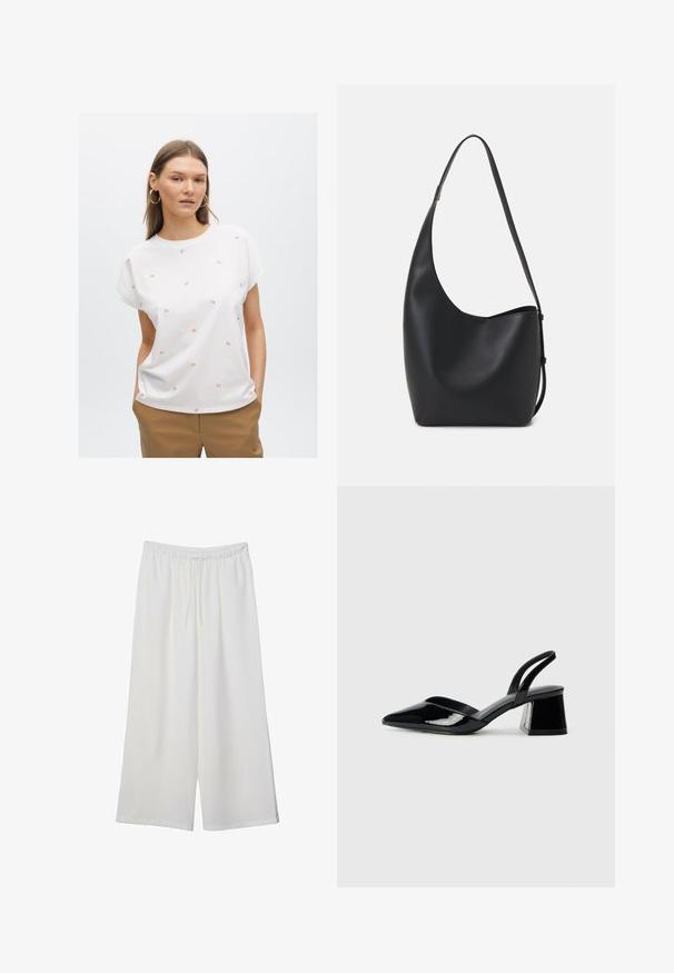 Bílá polo tričko s krátkým rukávem a hladkou texturou, s rozptýlenými malými oranžovými logy "M". Spárováno se světle hnědými kalhotami.; Bílé kalhoty s širokými nohavicemi vyrobené z lehké tkaniny, s elastickým pasem a stahovací šňůrkou pro nastavitelnou velikost. Hladká textura.; Černé lakované kožené lodičky na pásku s špičatou špičkou a geometrickým blokovým podpatkem. Vyznačují se elegantním, minimalistickým designem a hladkým povrchem.; Černá kožená hobo taška s hladkým povrchem, zakřiveným tvarem a jedním nastavitelným popruhem; má široké otevírání nahoře.