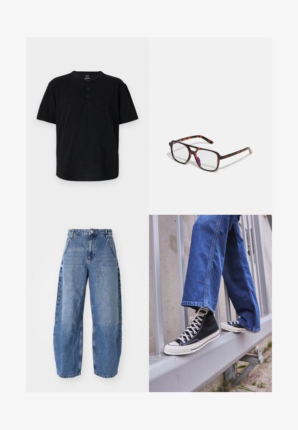 Crna majica s kratkim rukavima i okruglim izrezom, s tri gumba i opuštenim krojem. Izrađena od mekog, teksturiranog materijala.; Svijetloplave traperice s širokim krojem, visokim strukom, pet džepova i vidljivim detaljima šivanja.; Crne visoke tenisice s bijelim potplatom i vezicama, u kombinaciji s širokim plavim trapericama, naslonjene na sivi ogradu.; Naočale s uzorkom kornjače, pravokutnih leća, okvirima crne i narančaste boje, s glatkim završetkom i tankim ručkama.